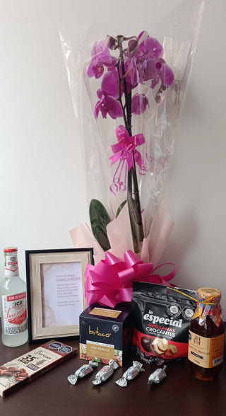 Orchid + Picture Frame + kit with tea, chocolate, hazelnuts, Smirnoff, honey, and chocolate break